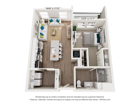 A 3D floor plan of a small apartment with a kitchen, living room, and bathroom.